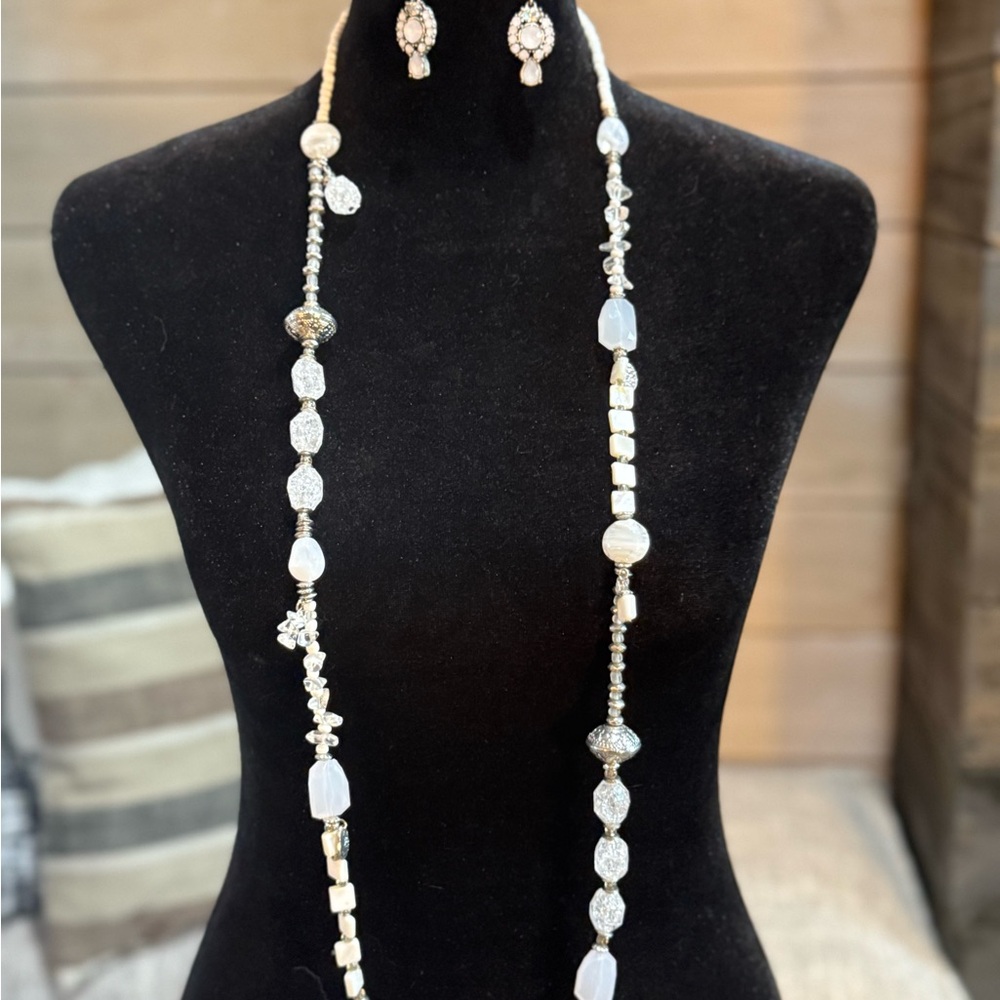 Chico's Silver and White Necklace with Crystal and Pearl Accents and Earings - Picture 7 of 8